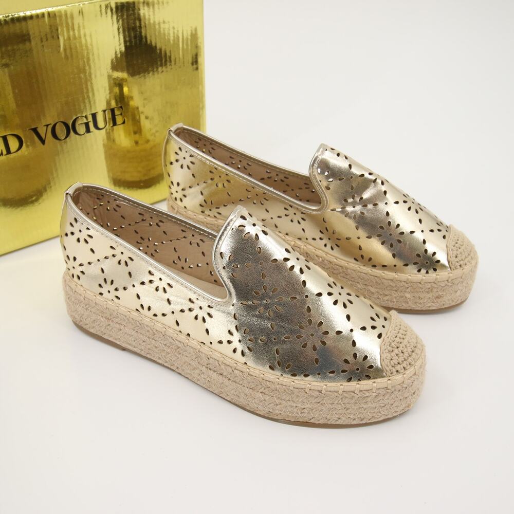 CD Vogue Espadrilles Gold Metallic Laser Cut Jute Woven Slip On Sandals Size 9